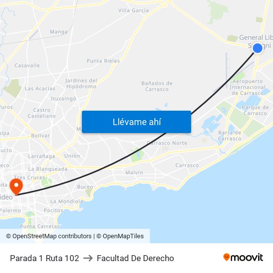 Parada 1 Ruta 102 to Facultad De Derecho map
