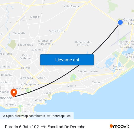 Parada 6 Ruta 102 to Facultad De Derecho map