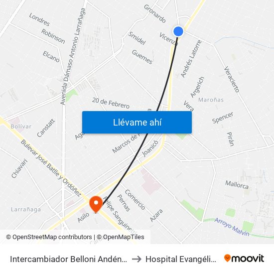 Intercambiador Belloni Andén 4 to Hospital Evangélico map