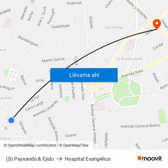 (S) Paysandú & Ejido to Hospital Evangélico map