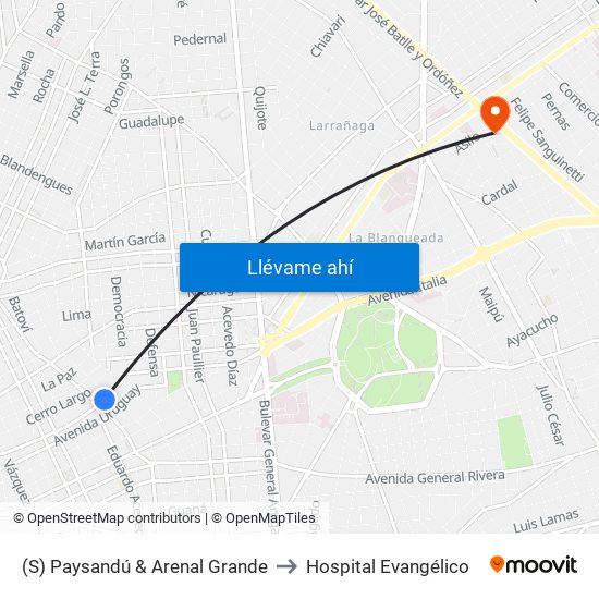 (S) Paysandú & Arenal Grande to Hospital Evangélico map