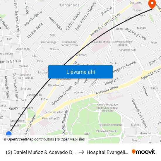(S) Daniel Muñoz & Acevedo Díaz to Hospital Evangélico map