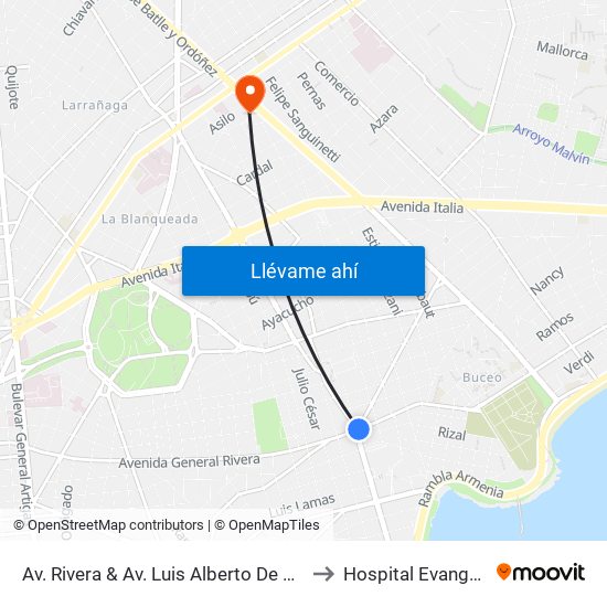 Av. Rivera & Av. Luis Alberto De Herrera to Hospital Evangélico map