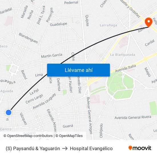 (S) Paysandú & Yaguarón to Hospital Evangélico map