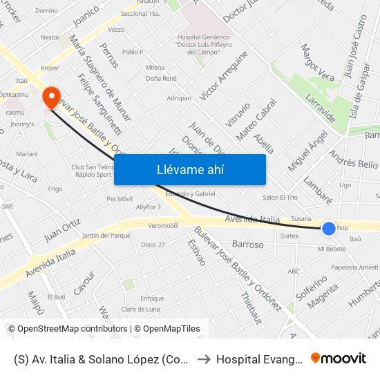 (S) Av. Italia & Solano López (Comercio) to Hospital Evangélico map