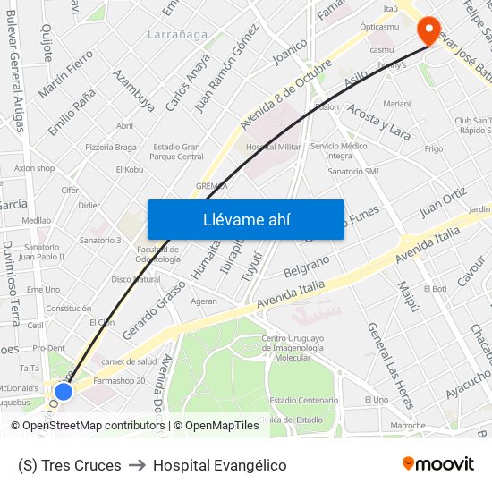 (S) Tres Cruces to Hospital Evangélico map