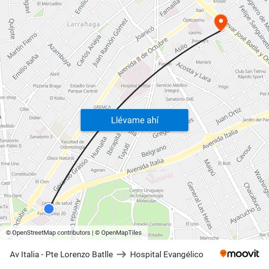 Av Italia - Pte Lorenzo Batlle to Hospital Evangélico map