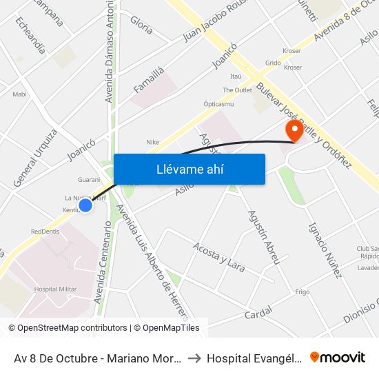 Av 8 De Octubre - Mariano Moreno to Hospital Evangélico map