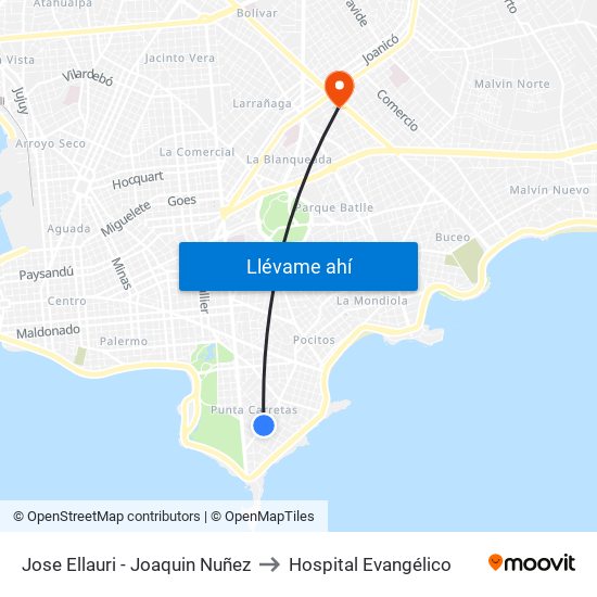 Jose Ellauri - Joaquin Nuñez to Hospital Evangélico map