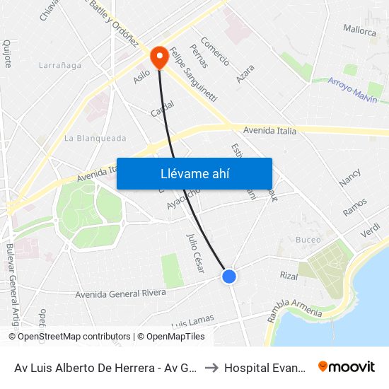 Av Luis Alberto De Herrera - Av Gral Rivera to Hospital Evangélico map