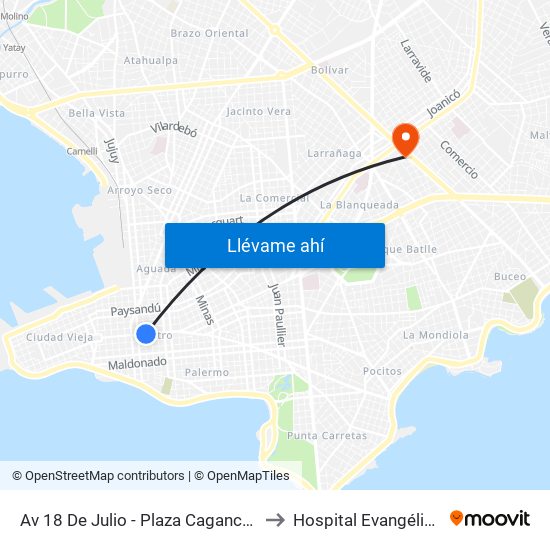 Av 18 De Julio - Plaza Cagancha to Hospital Evangélico map