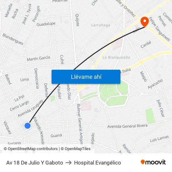 Av 18 De Julio Y Gaboto to Hospital Evangélico map