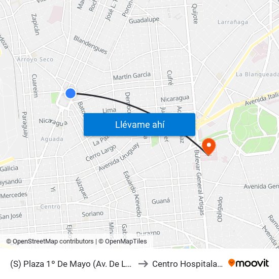 (S) Plaza 1º De Mayo (Av. De Las Leyes & Dr. Luis P. Lenguas) to Centro Hospitalario Pereira Rossell map