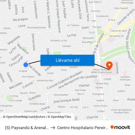 (S) Paysandú & Arenal Grande to Centro Hospitalario Pereira Rossell map