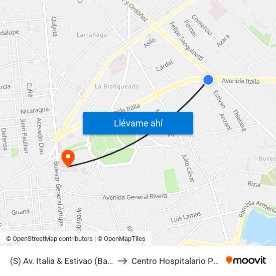 (S) Av. Italia & Estivao (Batlle Y Ordóñez) to Centro Hospitalario Pereira Rossell map