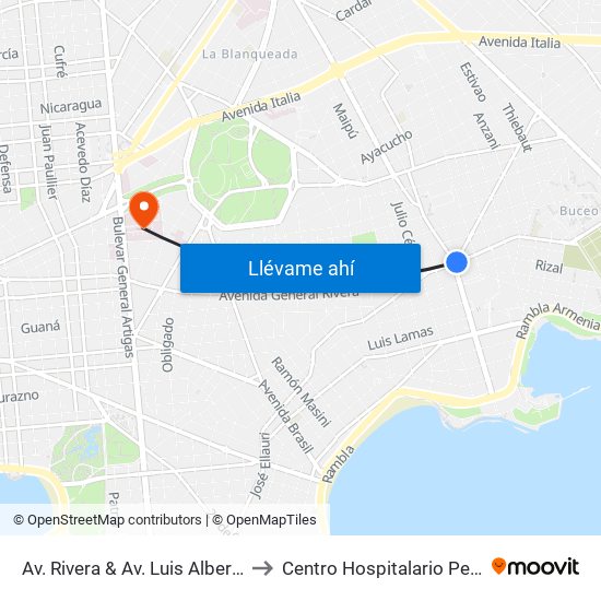 Av. Rivera & Av. Luis Alberto De Herrera to Centro Hospitalario Pereira Rossell map