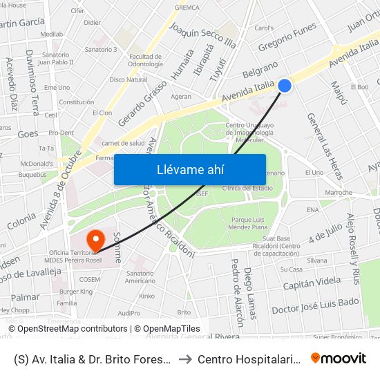 (S) Av. Italia & Dr. Brito Foresti (Hospital De Clinicas) to Centro Hospitalario Pereira Rossell map