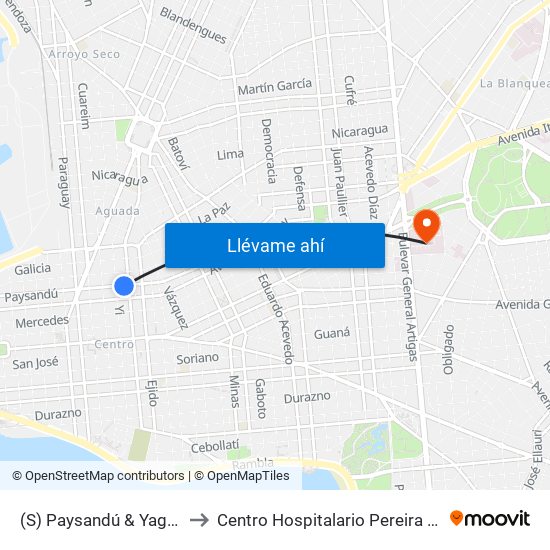 (S) Paysandú & Yaguarón to Centro Hospitalario Pereira Rossell map