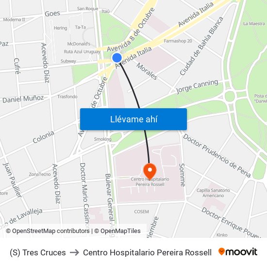 (S) Tres Cruces to Centro Hospitalario Pereira Rossell map