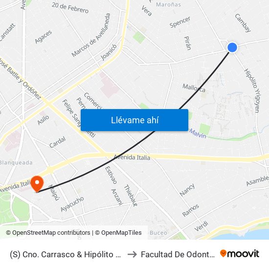 (S) Cno. Carrasco & Hipólito Yrigoyen to Facultad De Odontología map