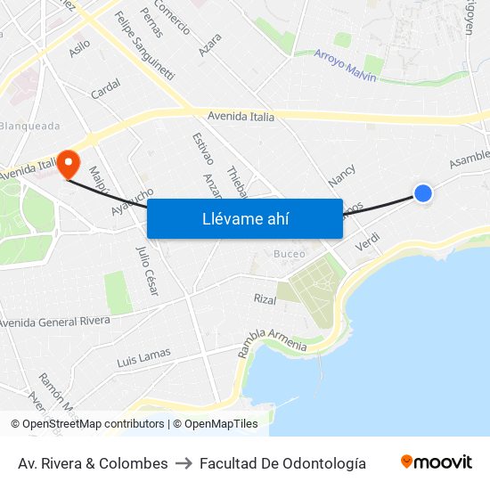 Av. Rivera & Colombes to Facultad De Odontología map