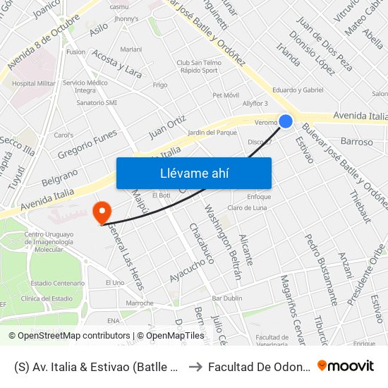 (S) Av. Italia & Estivao (Batlle Y Ordóñez) to Facultad De Odontología map