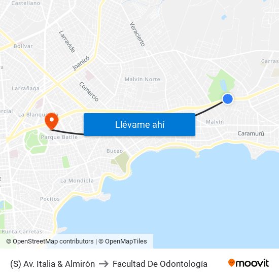 (S) Av. Italia & Almirón to Facultad De Odontología map