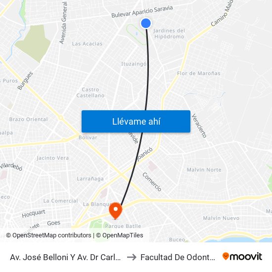 Av. José Belloni Y Av. Dr Carlos Nery to Facultad De Odontología map