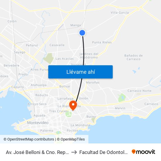 Av. José Belloni & Cno. Repetto to Facultad De Odontología map