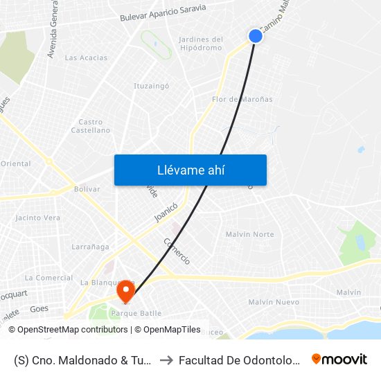 (S) Cno. Maldonado & Turín to Facultad De Odontología map