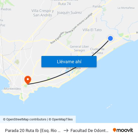 Parada 20 Ruta Ib  (Esq. Rio Negro) to Facultad De Odontología map