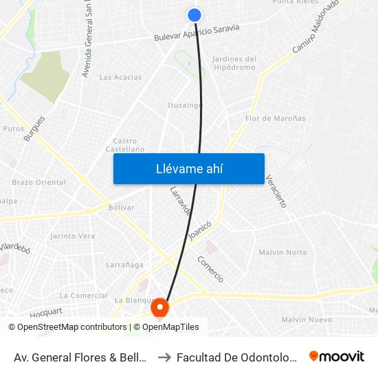 Av. General Flores & Belloni to Facultad De Odontología map