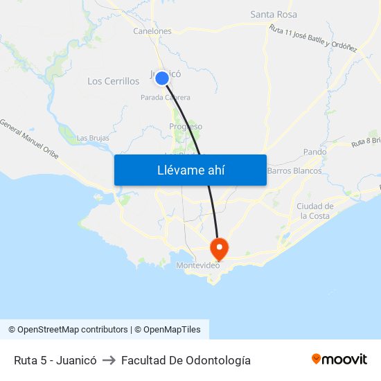 Ruta 5 - Juanicó to Facultad De Odontología map