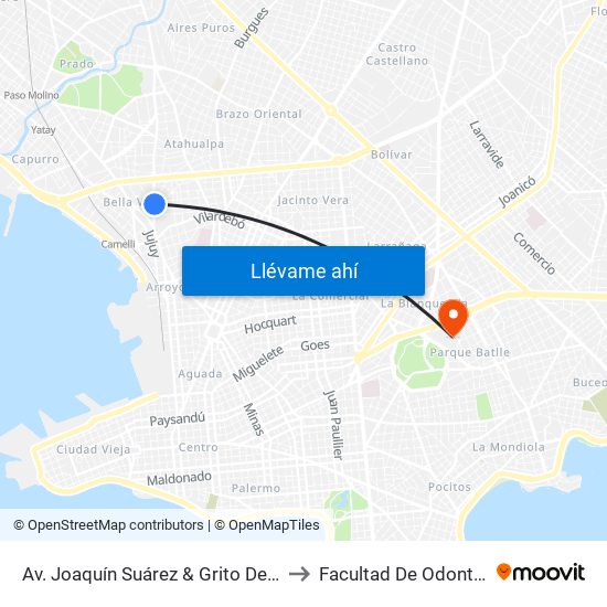 Av. Joaquín Suárez & Grito De Asencio to Facultad De Odontología map