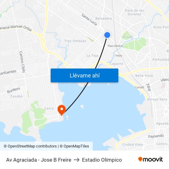 Av Agraciada - Jose B Freire to Estadio Olímpico map