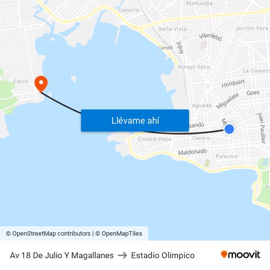 Av 18 De Julio Y Magallanes to Estadio Olímpico map