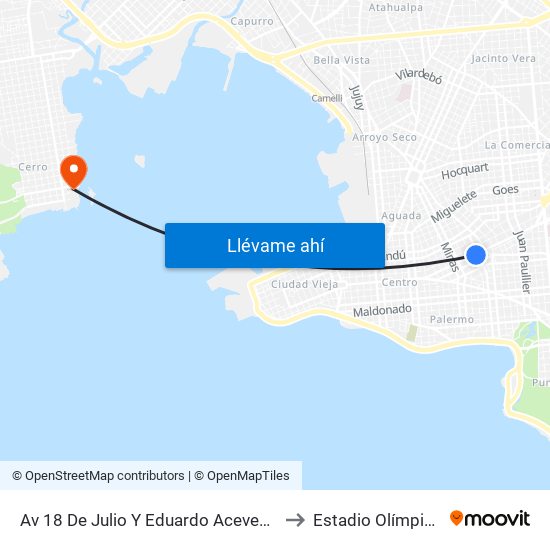 Av 18 De Julio Y Eduardo Acevedo to Estadio Olímpico map