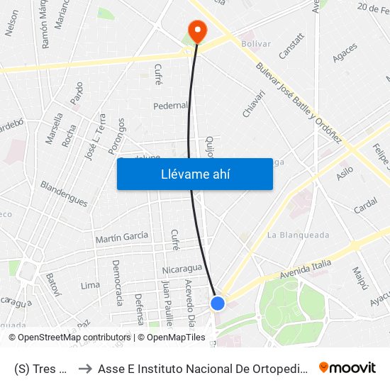 (S) Tres Cruces to Asse E Instituto Nacional De Ortopedia Y Traumatología map