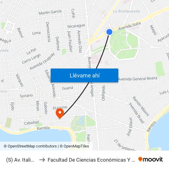 (S) Av. Italia & Albo to Facultad De Ciencias Económicas Y De Administración map