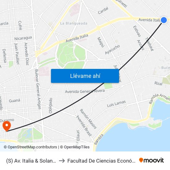 (S) Av. Italia & Solano López (Comercio) to Facultad De Ciencias Económicas Y De Administración map