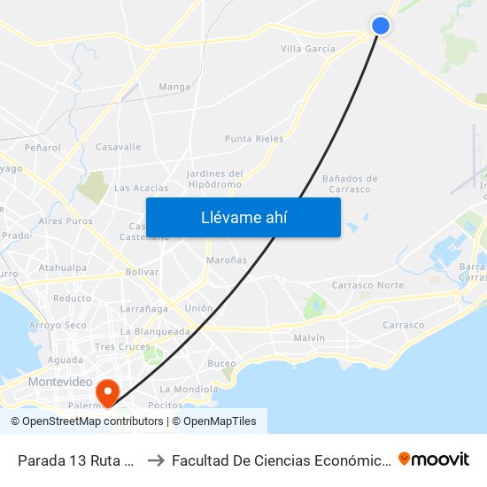 Parada 13 Ruta 8 (Km 18.000) to Facultad De Ciencias Económicas Y De Administración map
