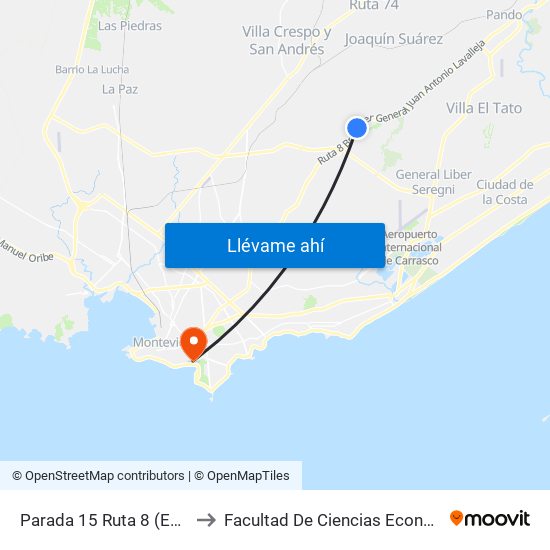 Parada 15 Ruta 8 (Esq. Cno. Las Pléyades) to Facultad De Ciencias Económicas Y De Administración map