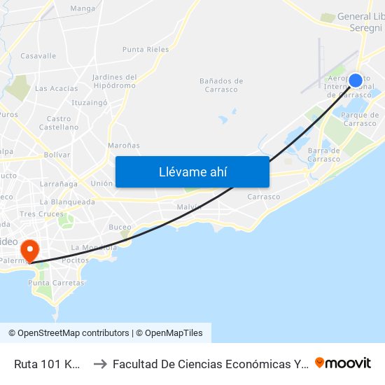 Ruta 101 Km 20.000 to Facultad De Ciencias Económicas Y De Administración map