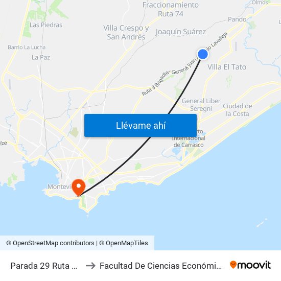 Parada 29 Ruta 8 (Km. 25,500) to Facultad De Ciencias Económicas Y De Administración map