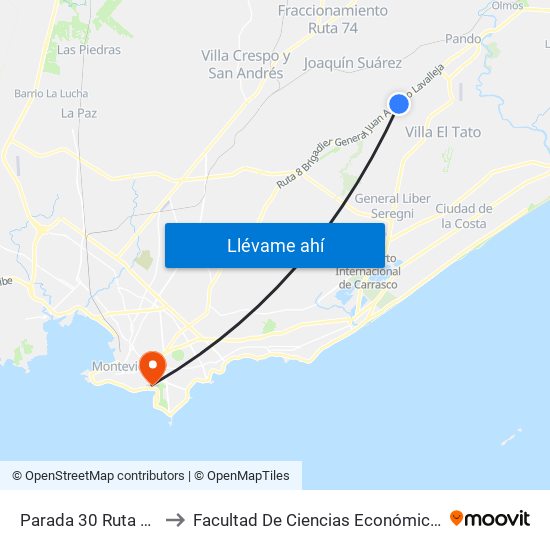 Parada 30 Ruta 8 (Km 25,800) to Facultad De Ciencias Económicas Y De Administración map