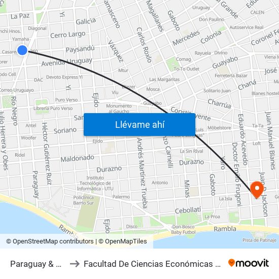 Paraguay & Paysandú to Facultad De Ciencias Económicas Y De Administración map