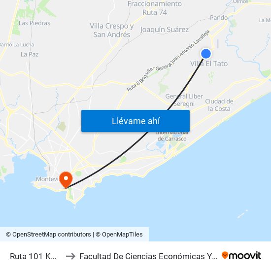 Ruta 101 Km 29.900 to Facultad De Ciencias Económicas Y De Administración map