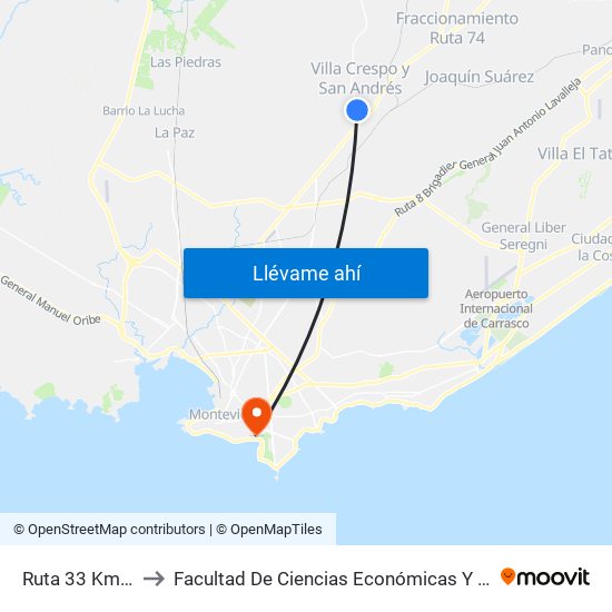 Ruta 33 Km 21.500 to Facultad De Ciencias Económicas Y De Administración map