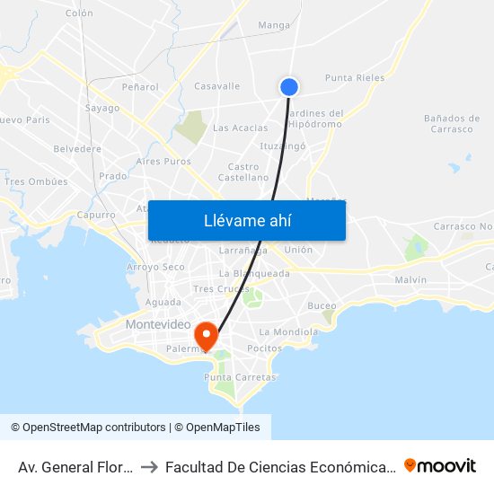 Av. General Flores & Belloni to Facultad De Ciencias Económicas Y De Administración map