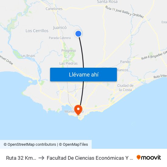 Ruta 32 Km34.700 to Facultad De Ciencias Económicas Y De Administración map